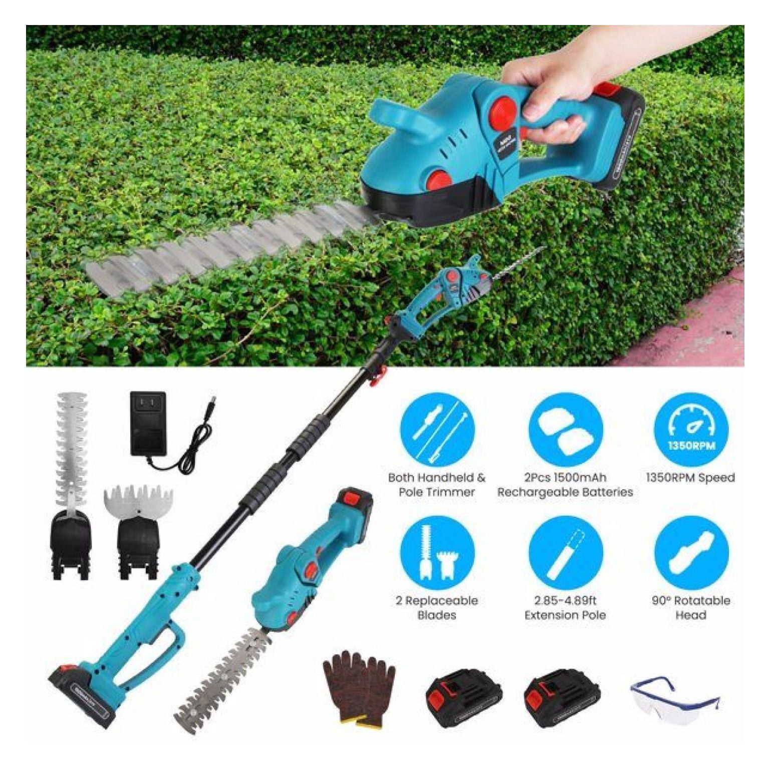 3 In 1 Multifunctional Mini Hedge Trimmer & Grass Shear Electric Cordless Handheld Hedge Trimmer with 90° Rotatable Head Telescopic Extension Pole Gloves Goggles 2Pcs 21V Batteries