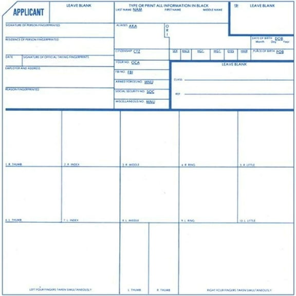 Identicator Applicant Fingerprint Cards, Pack of 250, FBI Standard Form No. FD-258