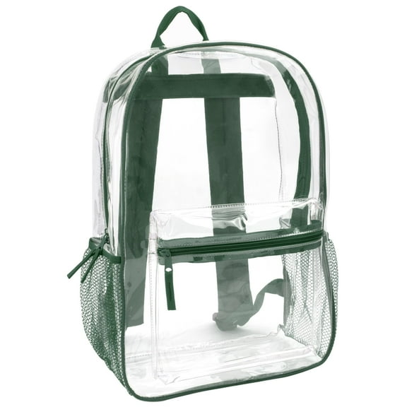 Clear Transparent Heavy Duty Waterproof Stadium Approved Unisex Backpack with Colored Trim and Mesh Side Pockets in Green