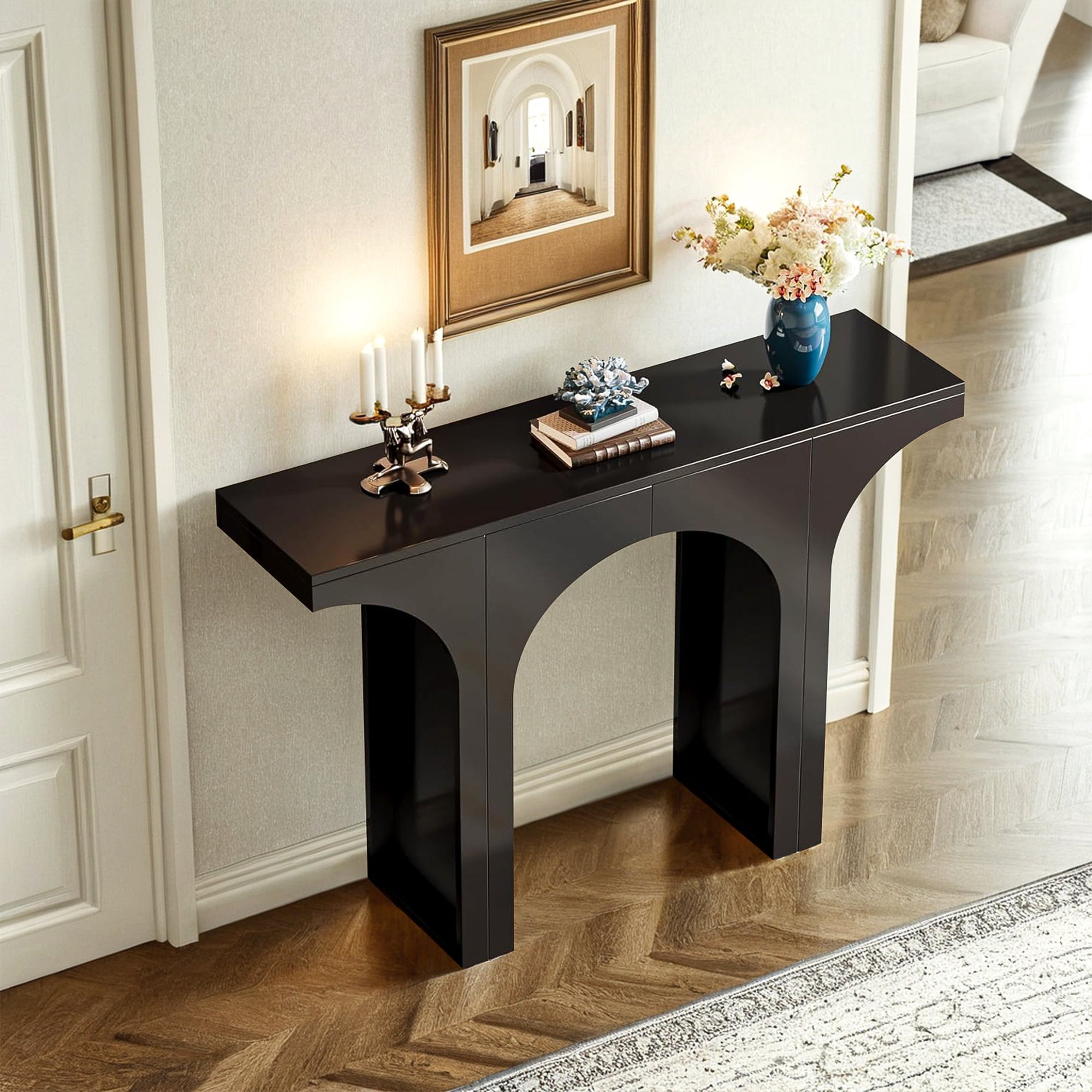 Demi Bonn 47" Console Table, Wooden Entryway Table Sofa Table with Arch Base for Hallway, Bedroom, Living Room, Black
