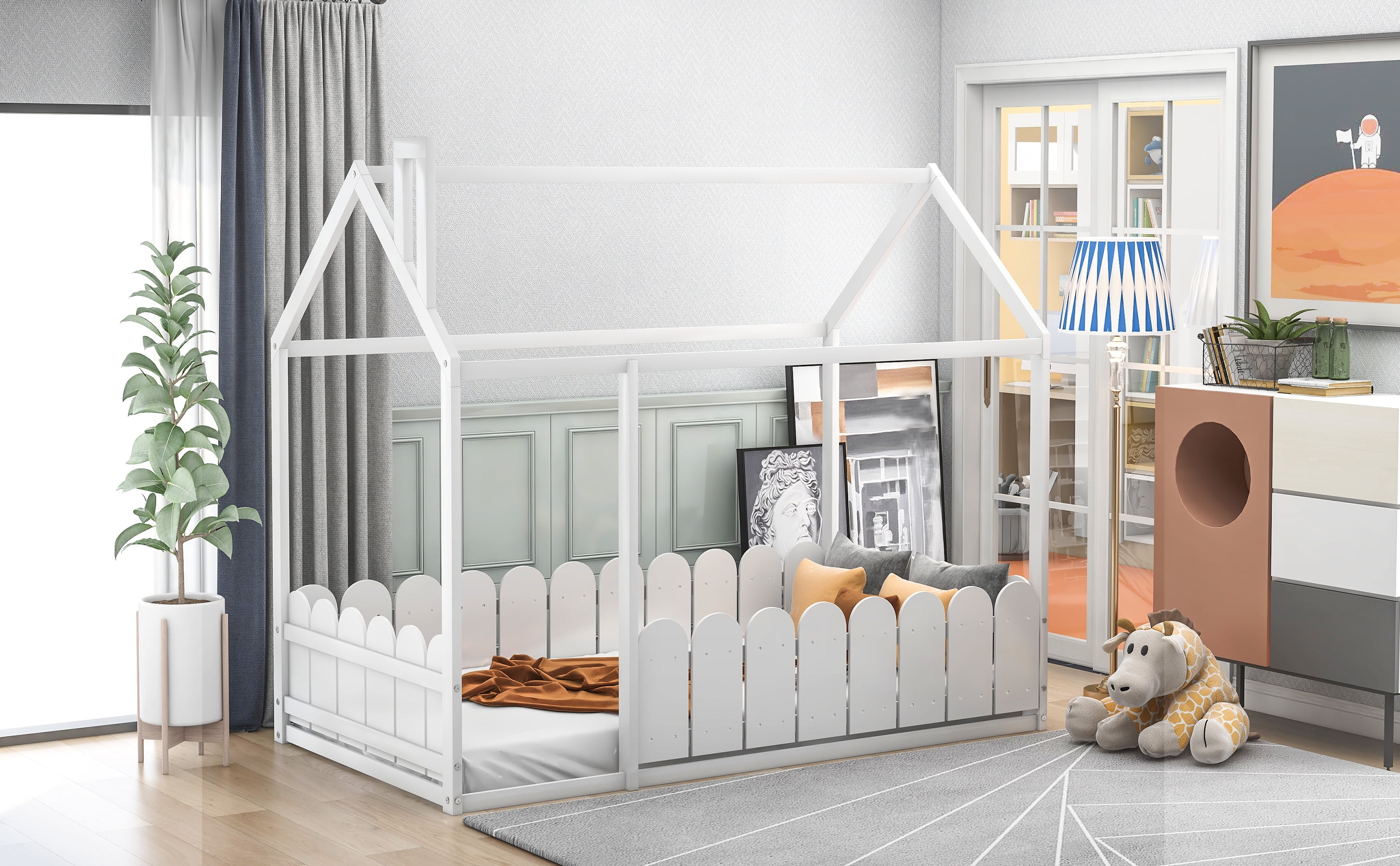 Kids Twin Size Wood House Bed Frame, White Picket Fence Twin Bed