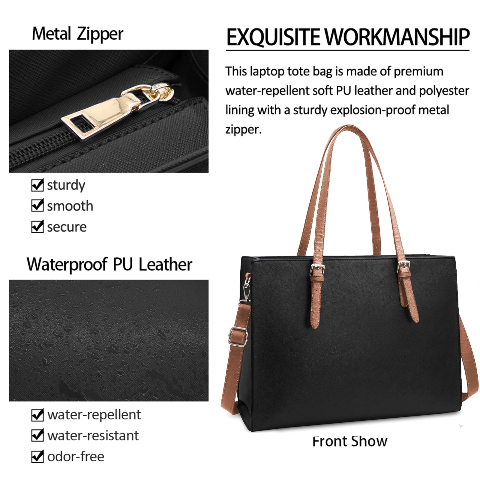 Laptop Bag for Women 15.6 Inch Computer Tote Bag Large Capacity Handbag Waterproof Lightweight Leather Business Office Briefcase Shoulder Bag Professional Office Work Bag,Black and Dark Brown