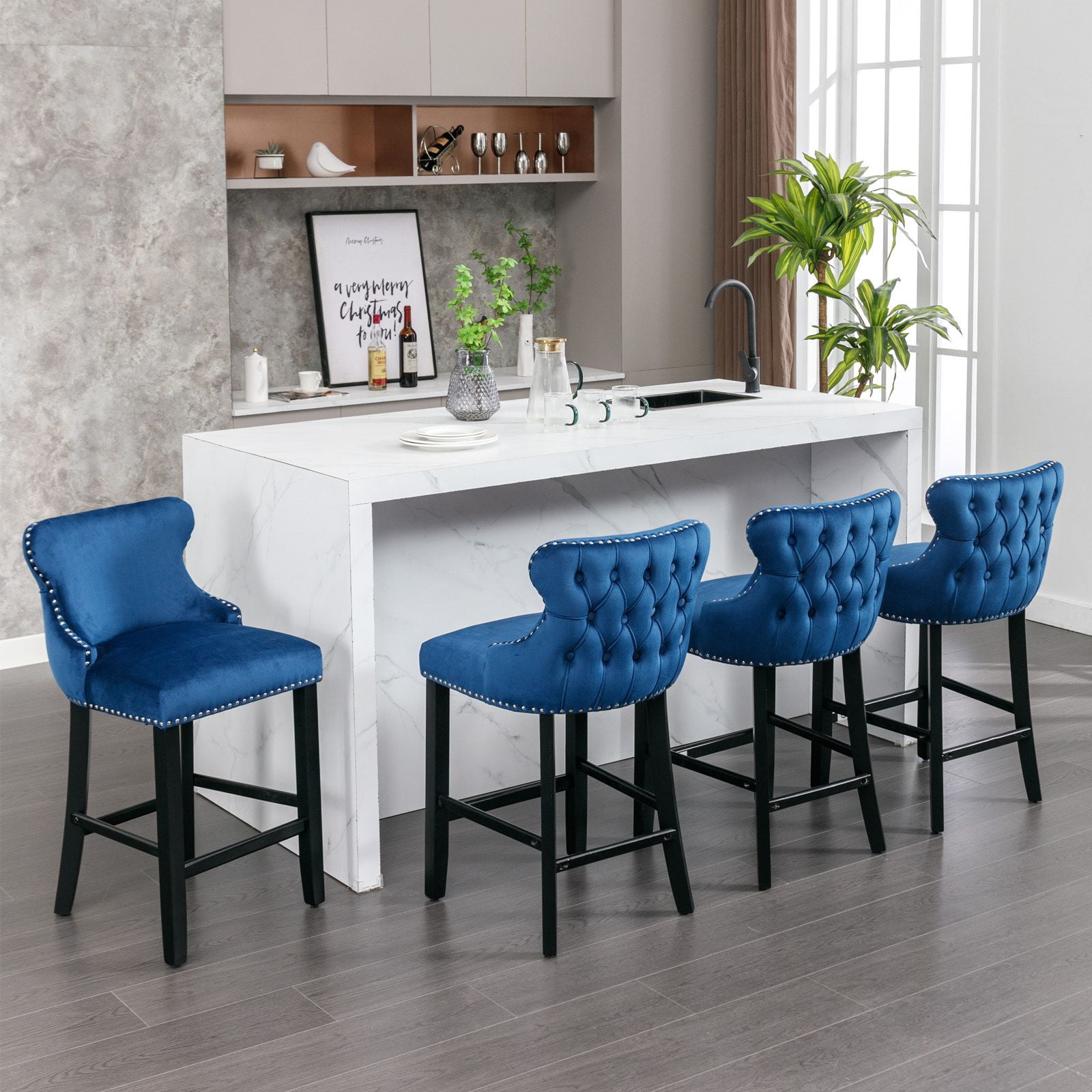 Velvet Counter Height Upholstered Barstools, Bar Stools Seat Height 27", Counter Height Armless Bar Chairs Button Tufted with Solid Wood Legs and Footrest for Kitchen Island Bar Area (Set of 2)