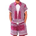 thumbnail image 5 of OOOUM Men All Over Print Outfits Lapel Short Sleeve Button Shirt Drawstring Elastic Waist Shorts Summer Beach Vacation Casual Outfit Red L, 5 of 5