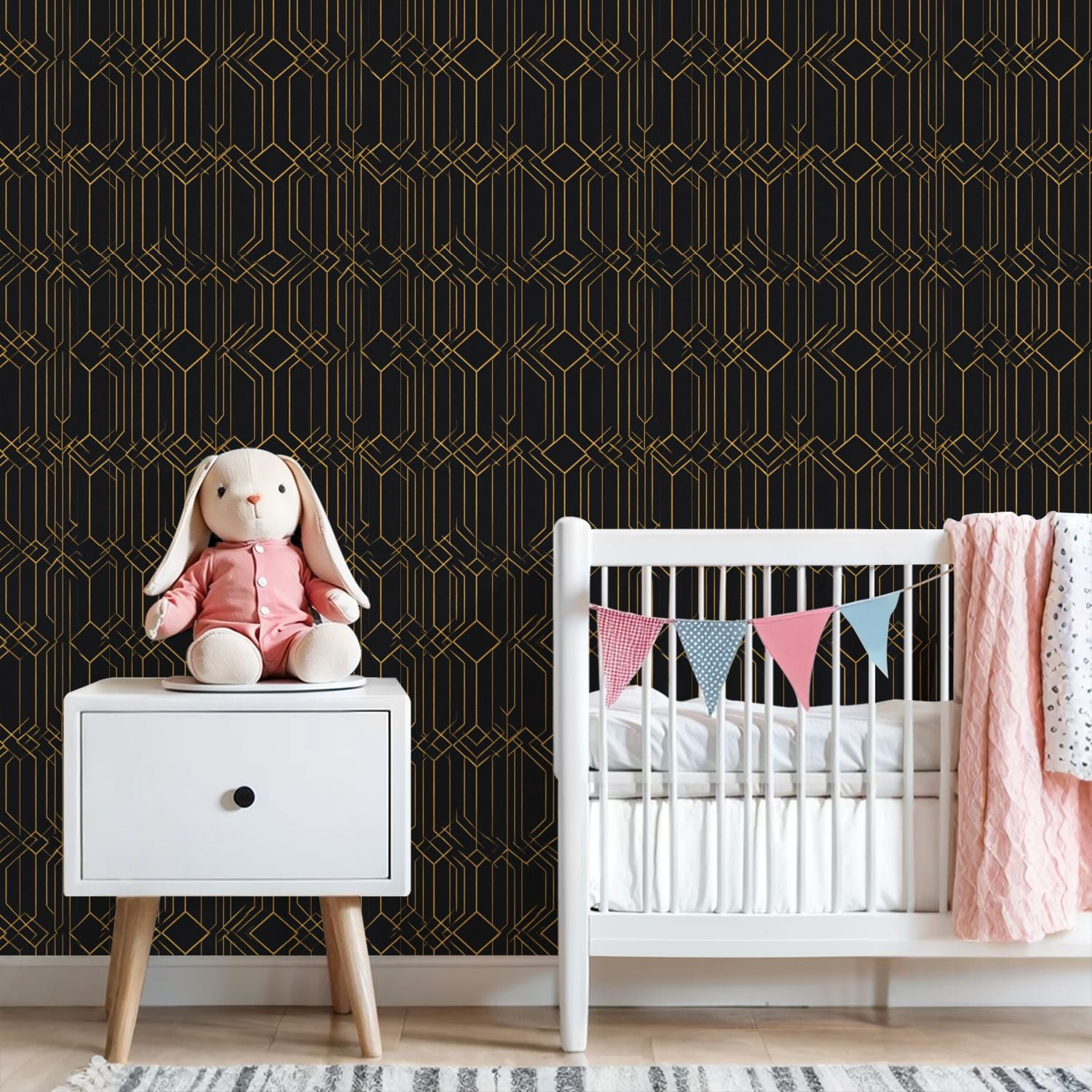 Modern Peel and Stick Wallpaper 23.6in x 9.8ft Geometric Art Deco Golden Lines Black Contact Paper Vinyl Waterproof Self Adhesive Wall Paper for Bedroom Shelf Cabinet Renter Friendly
