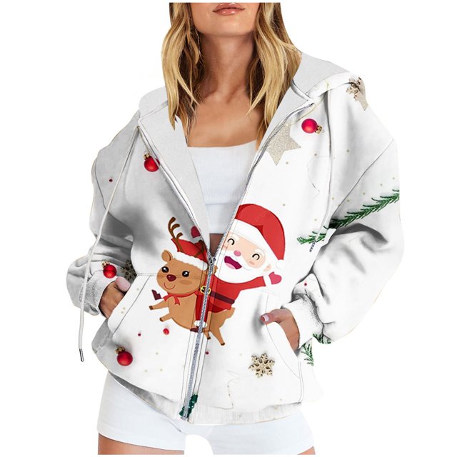Puntoco Chaqueta De Mujer Casual Impreso Con Cremallera De Manga Larga Sudadera Con Capucha Chaqueta superior Liquidación De Navidad Puntoco Puntoco-477