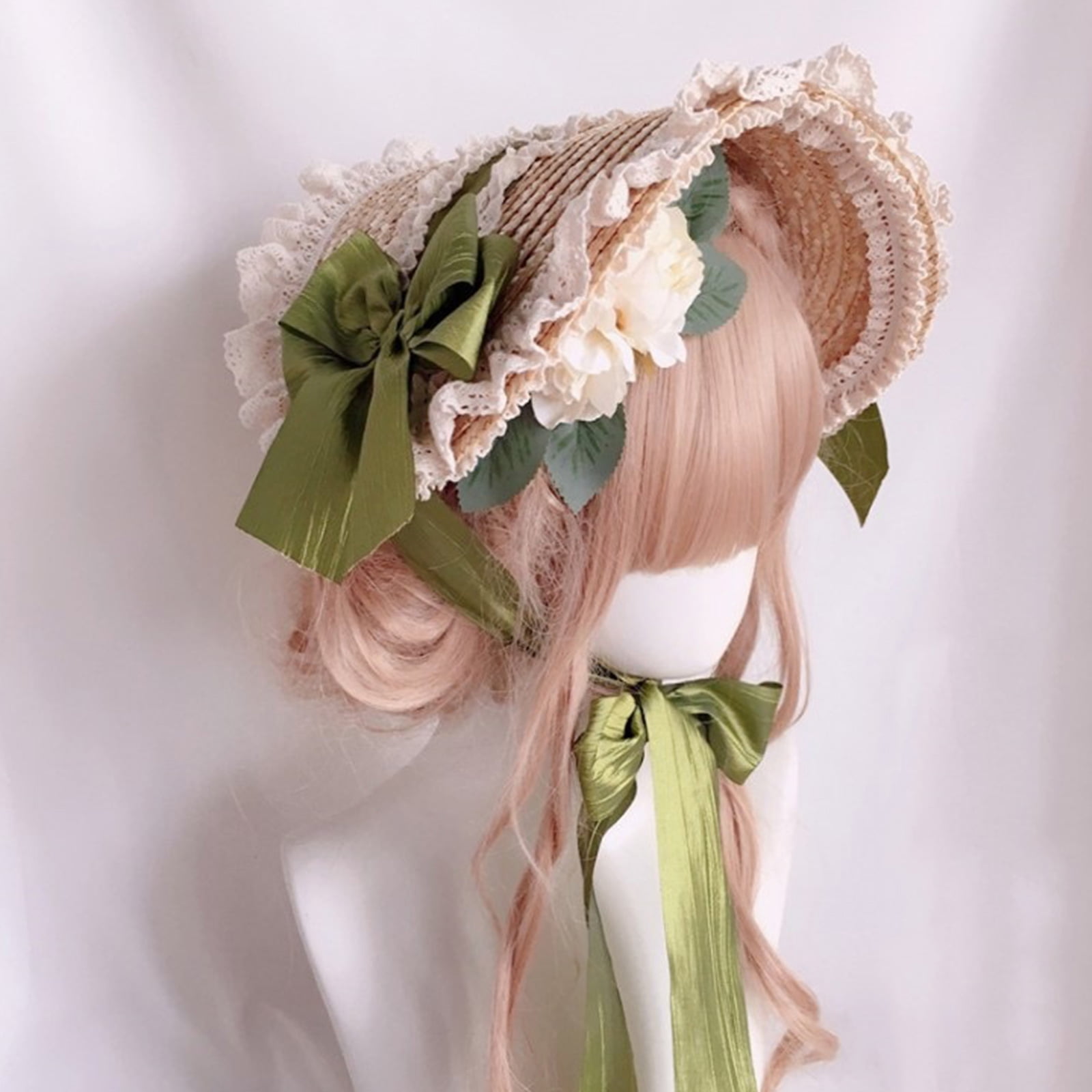 Gorgeous Lolita Flat Top Hat French Lace Flower Ribbon Bonnet Hat All-match Summer Sunshade Straw Hat for Girls Women