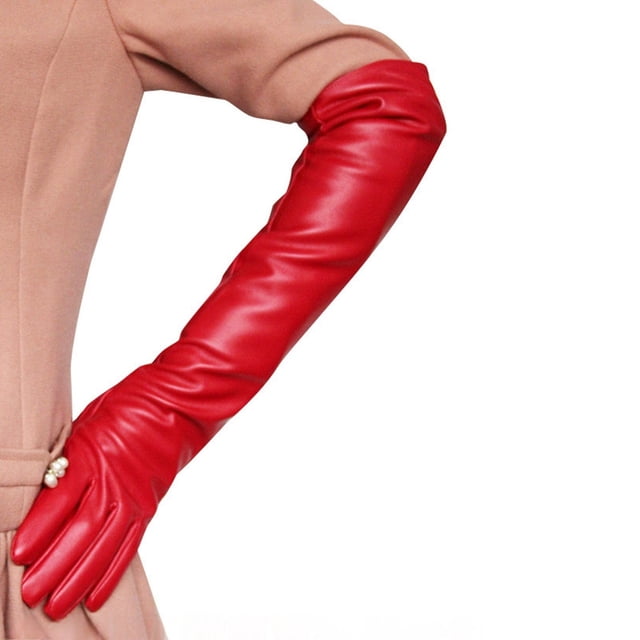Gants Rouges Mitaines Gants Longs en Cuir pour Femmes 50 cm par-Dessus Simili Cuir PU Plats Mode Couvre-Bras