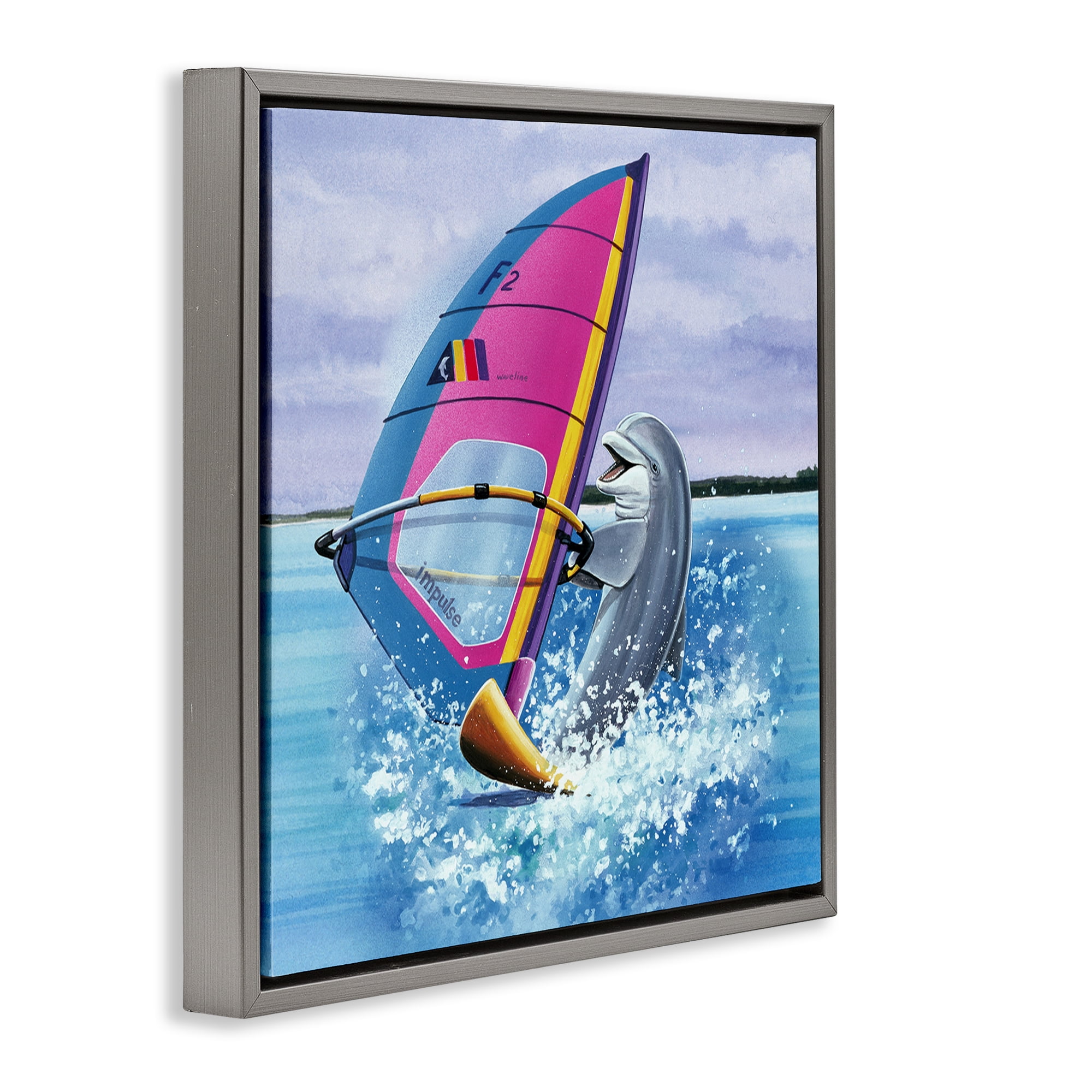 Stupell Industries Wind Surfer Dolphin Animals Painting Gray Floater Framed Canvas Art Print Wall Art, 25 x 25