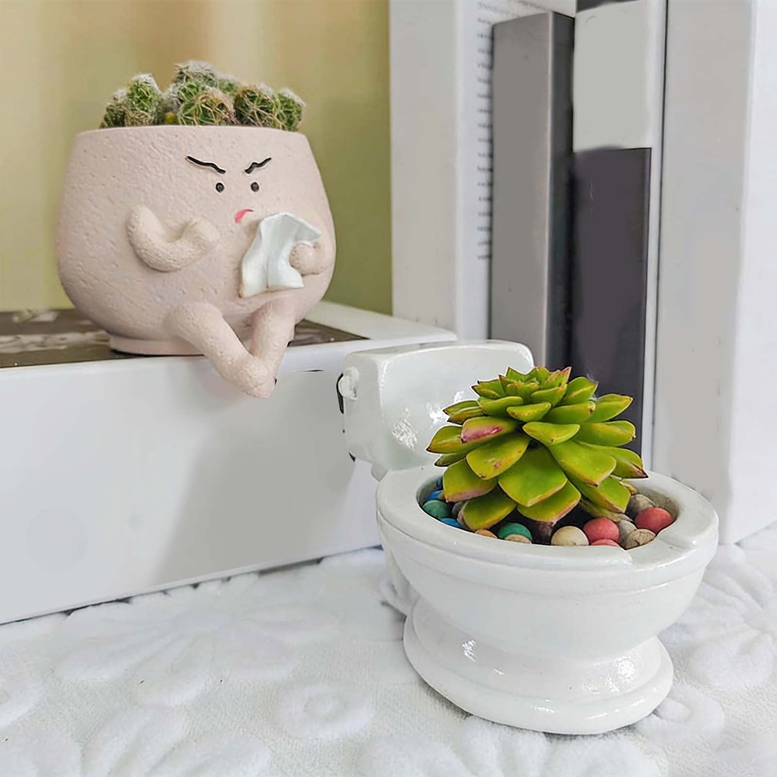 YANDE-5in Face Flower Pots, Cute Planter Outdoor Handmade Resin Head Planters for Indoor Self Watering Toilet Succulent Pot with Drainage Hole Unique Home Decor Quirky Gardening Gift (Khaki)