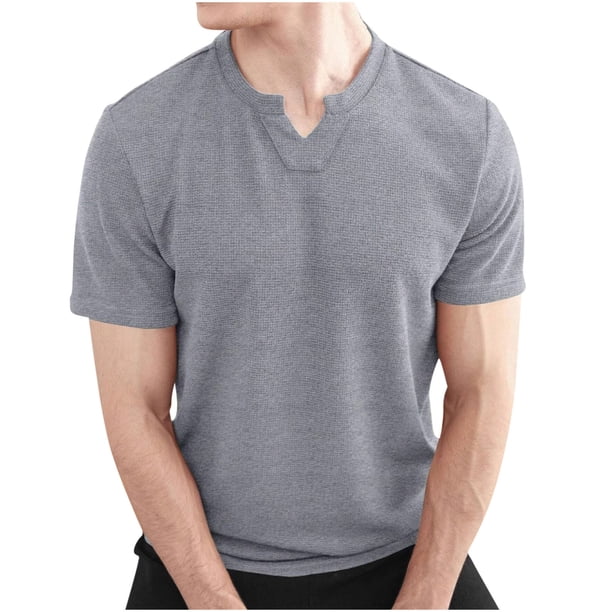 Camisas de Verano Casuales de Manga Corta de los Hombres Color Sólido V-Cuello Blusa de Fitness, 75% Poliéster 20% Rayón 5% Spandex