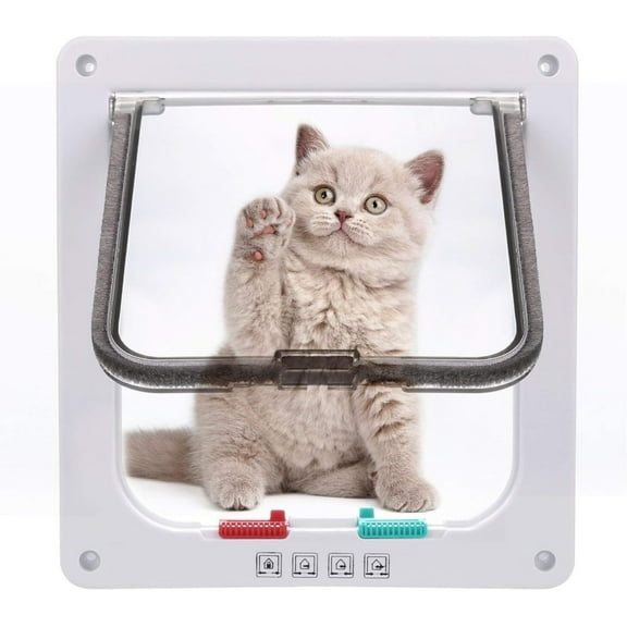 Cat Door Flap (Outer Size 7.5"" x 7.8""),4-Way Locking Cat Flap for Interior Exterior Doors,Weatherproof Pet Door for Cat/Doggie (Circumference < 15.75"",Weight < 16 lb) White