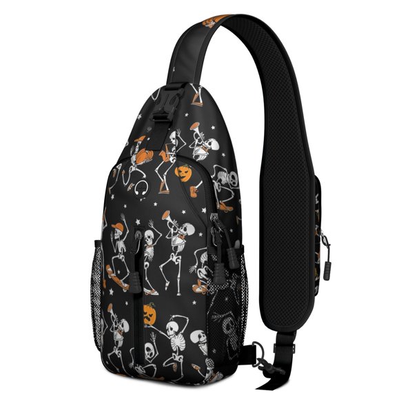 Sling Backpack,Black Halloween Dancing Skeletons Crossbody Bag with Water Bottle Holder,Waterproof Sling Bag for Men/Women with Chest Phone Holder for Hiking,Travel