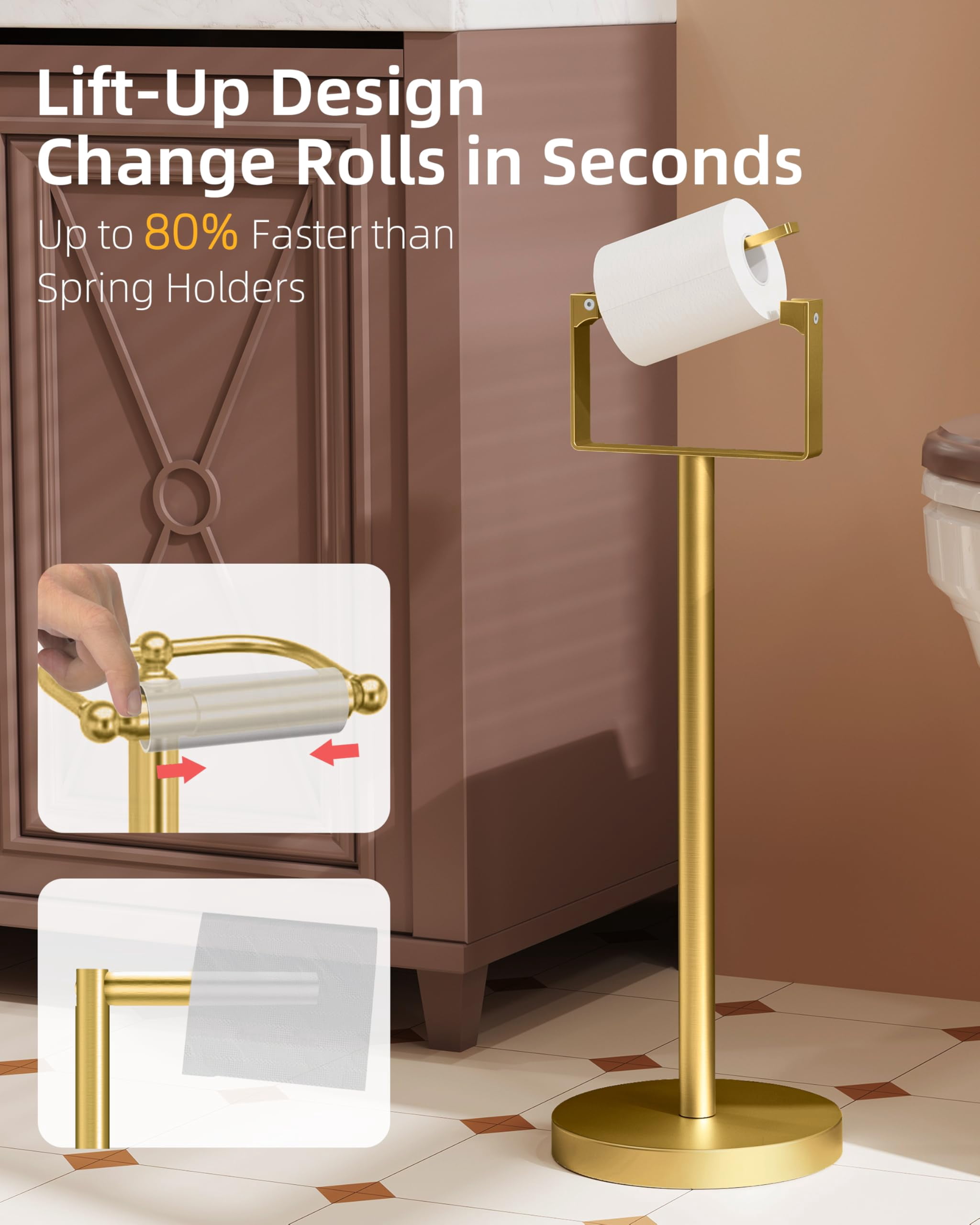 RUACQ Toilet Paper Holder Stand, Magnetic Closure Toilet Paper Stand with Lift-Up Rotating Arm, SUS304 Stainless Steel Bathroom Toilet Paper Holder Free Standing, Weighted Base (Brushed Gold)