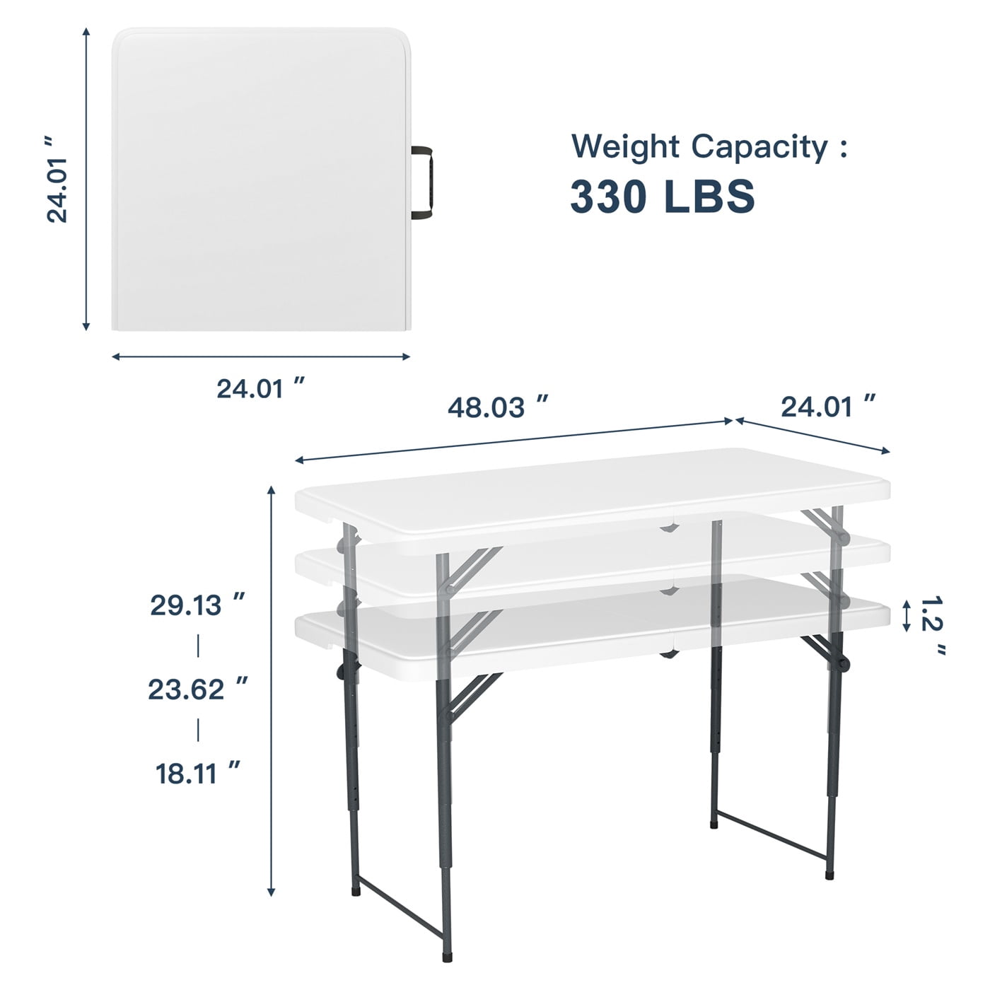 Hommoo 4ft Plastic Folding Table, Indoor Outdoor Heavy Duty Portable Tables, Adjustable Height Camping Table for Home Office Party Picnic, White