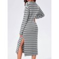 thumbnail image 6 of Womens Striped Sweater Dress Fall Chunky Knit V Neck Collared Long Sleeve Slit Loose Midi Dresses Grey XXL, 6 of 7