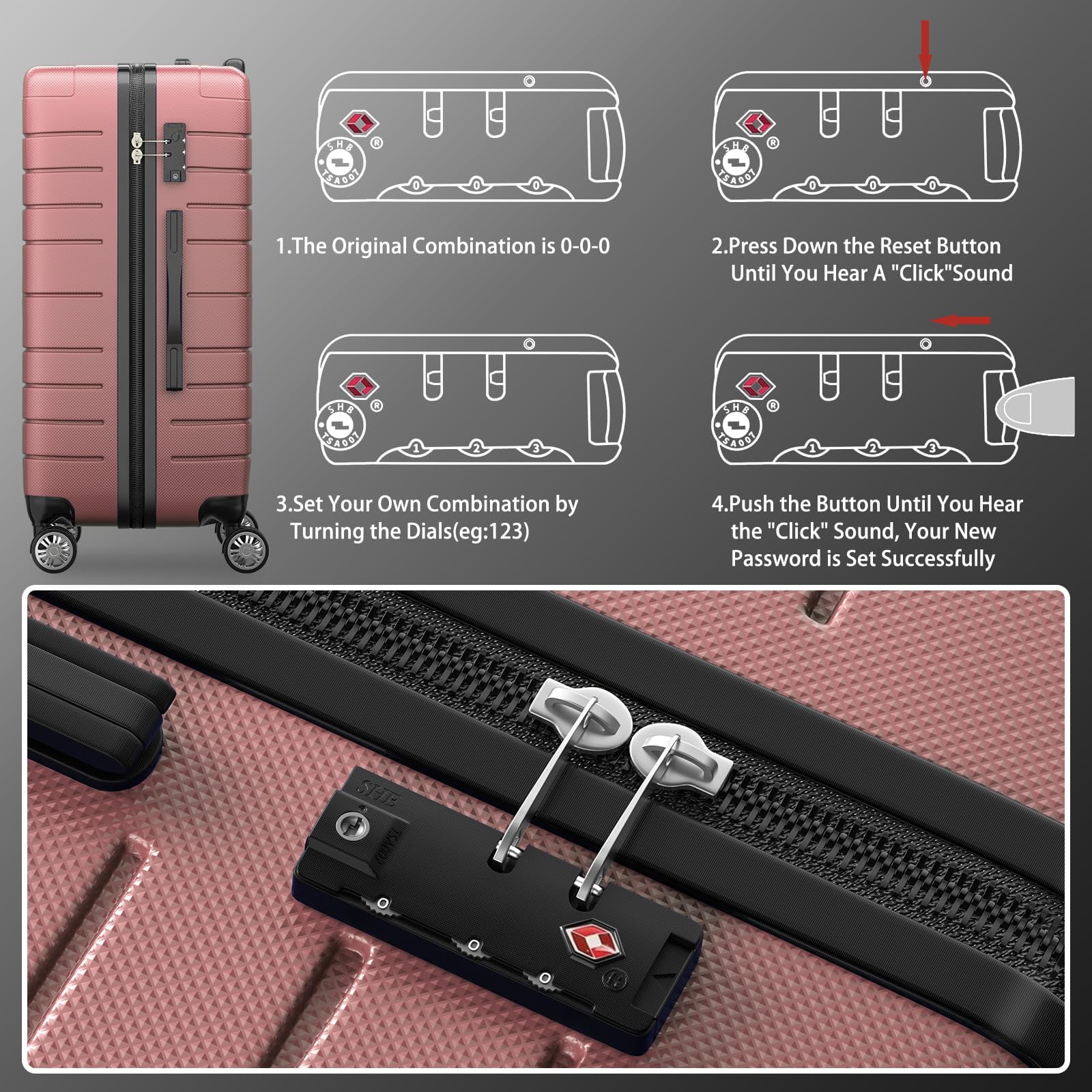 ALPULON 3 Piece Luggage Sets with TSA Locks, Hardside Suitcase Set with Spinner Wheels, 20in24in28in, Rose Pink