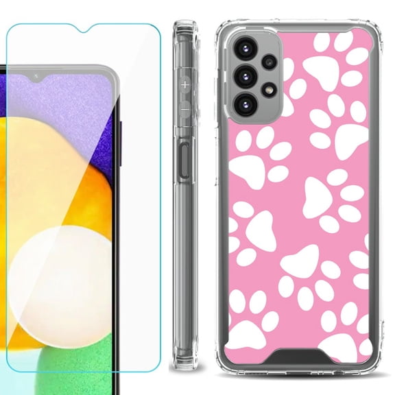 Shockproof Bumper Phone Case for Samsung Galaxy A23 5G, with Tempered Glass Screen Protector, by OneToughShield ® - Pet Paw/ Pink