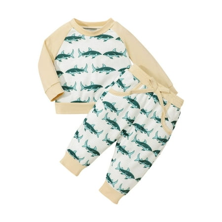 

Toddler Boys and Girls Christmas Trousers Long Sleeve Suit Cartoon Shark Print Round Neck Pullover Trousers Two Piece Children s Casual Suit