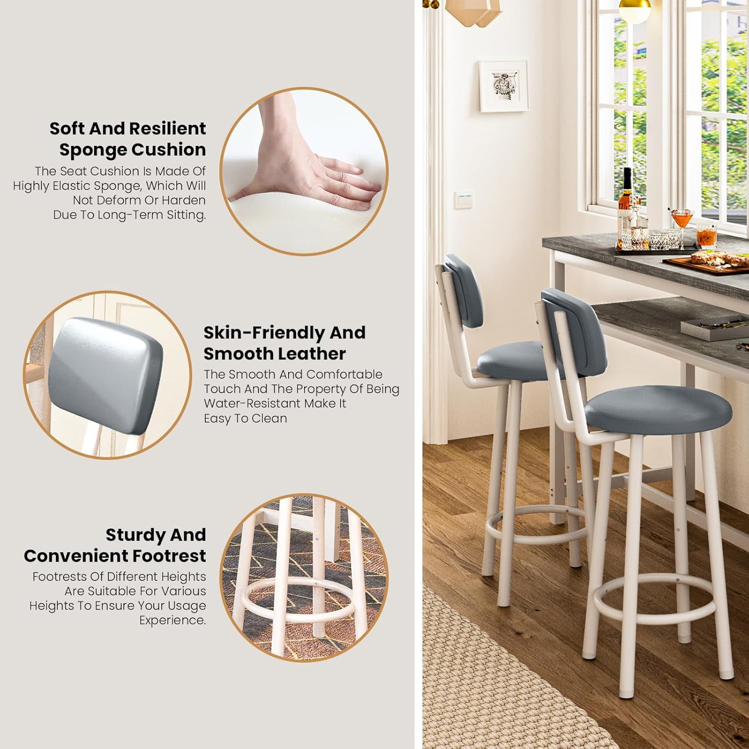 LinkRomat Bar Table and Chairs Set for 2, Marble Kitchen Island Table with 2 PU Bar Stools, Tall Kitchen Table and Chairs with Storage for Small Spaces, Home & Apartment, Gray
