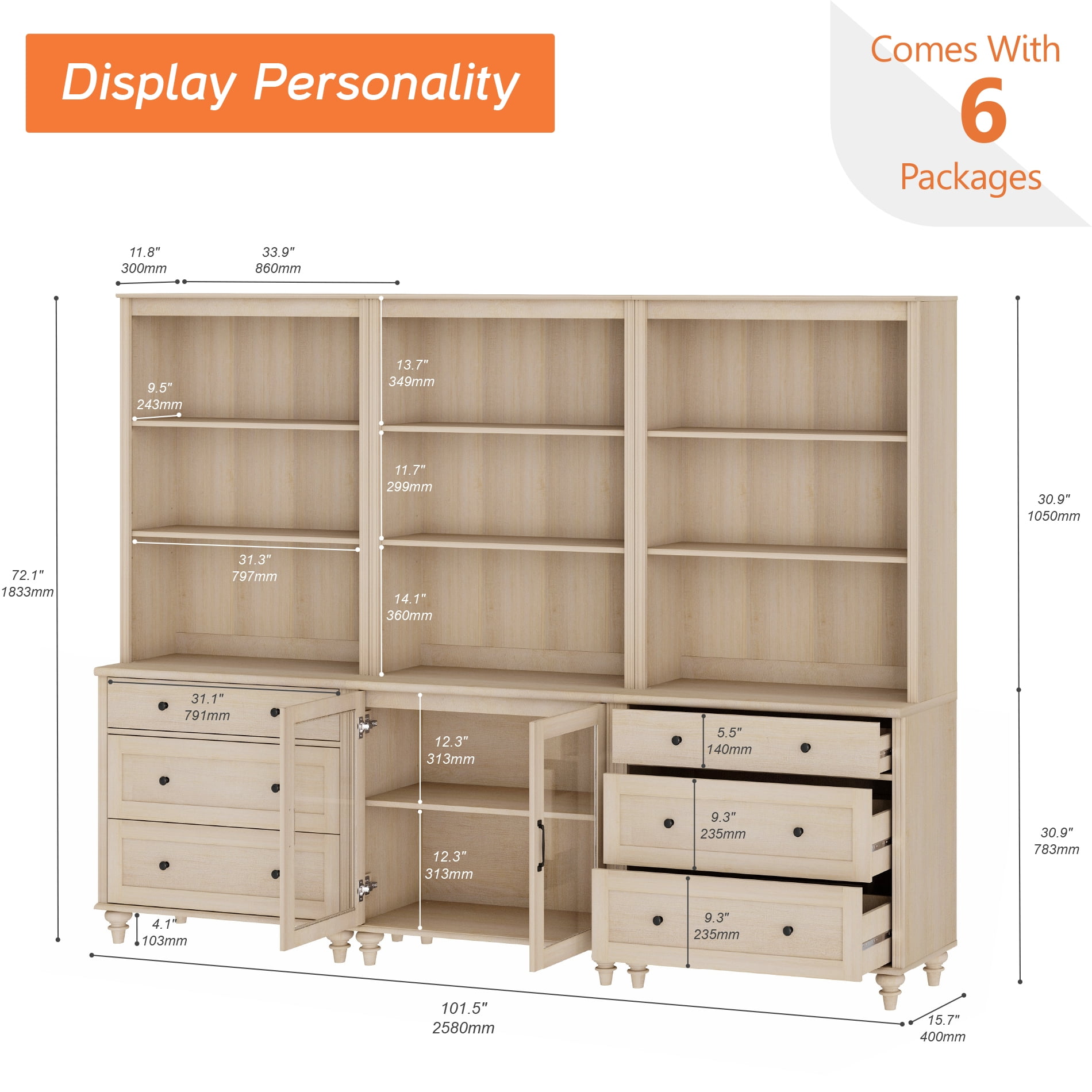 Farmhouse 5 Tier Bookcase With 2 Glass Doors and 6 Drawers, Beige, 101.6" W