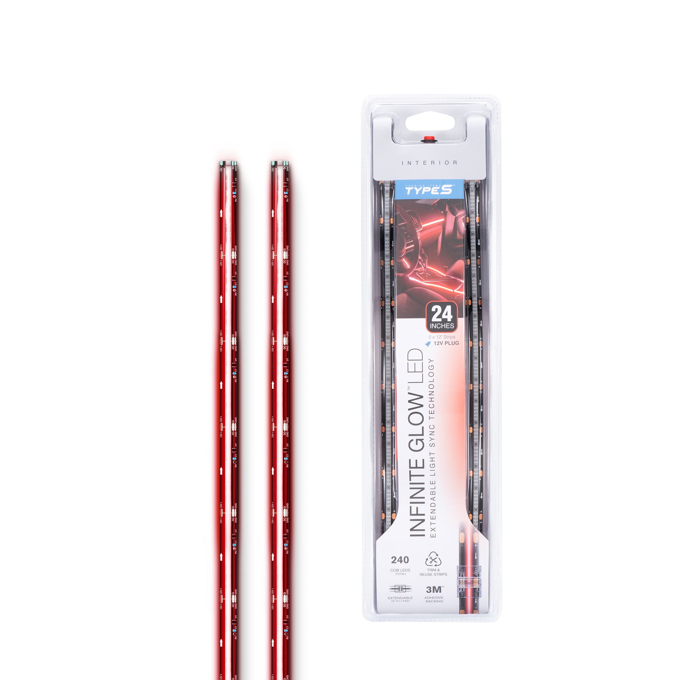 (2 pack) TYPE S - Infinite Glow Red LED Ambient Lighting - Car LED Strip Lights, Light Sync Technology, 3M Adhesive, Trimmable, 12V, 2 x 12" Red Strips, 24 inches