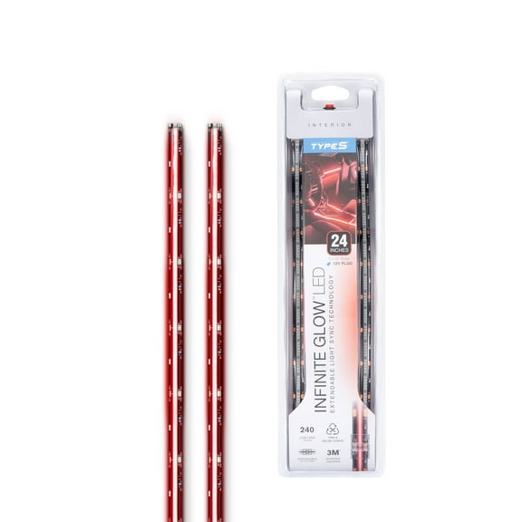 TYPE S - Infinite Glow Red LED Ambient Lighting - Car LED Strip Lights, Light Sync Technology, 3M Adhesive, Trimmable, 12V, 2 x 12" Red Strips, 24 inches
