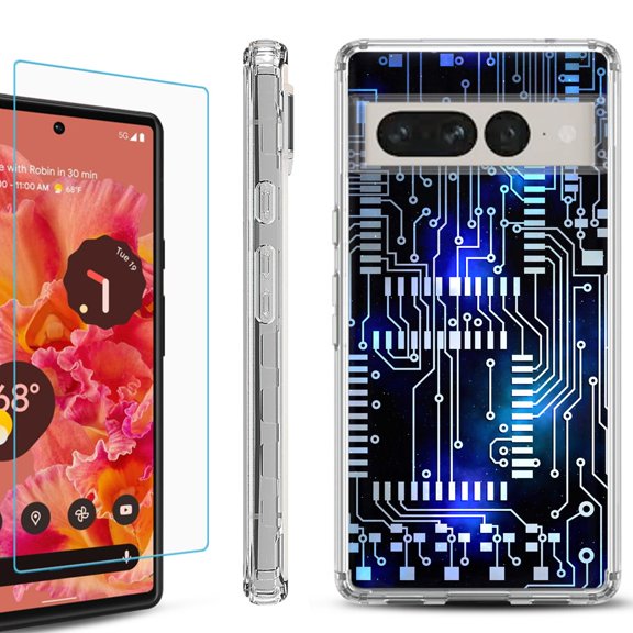 Shockproof Bumper Phone Case for Google Pixel 7 Pro, with Tempered Glass Screen Protector, by OneToughShield ® - Cosmos Circuit