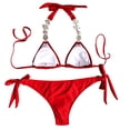 thumbnail image 3 of Wuxian 2 Piece Bikini Set For Women Swimsuit Halter Neck Spaghetti Strap Deep V-Neck Backless Lace Up Rhinestone Swimming Bandeau Solid Color Triangle Tie Stylish Cheeky Bathing Suit,Red,M, 3 of 9