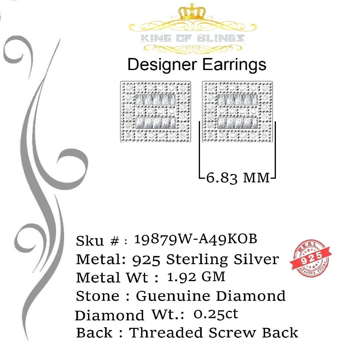 King of Bling's 925 White Silver 0.25ct Diamond Women's/Men's Square Fashion Stud Earring