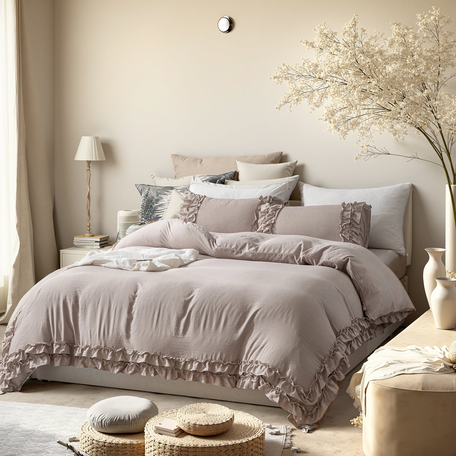 Boho Ruffled Comforter Set Super Soft Cozy Bedding Set with Pillowcases Elegant Chic Bedroom Decor Rustic Farmhouse Quilt Comforter 3 Pcs Set