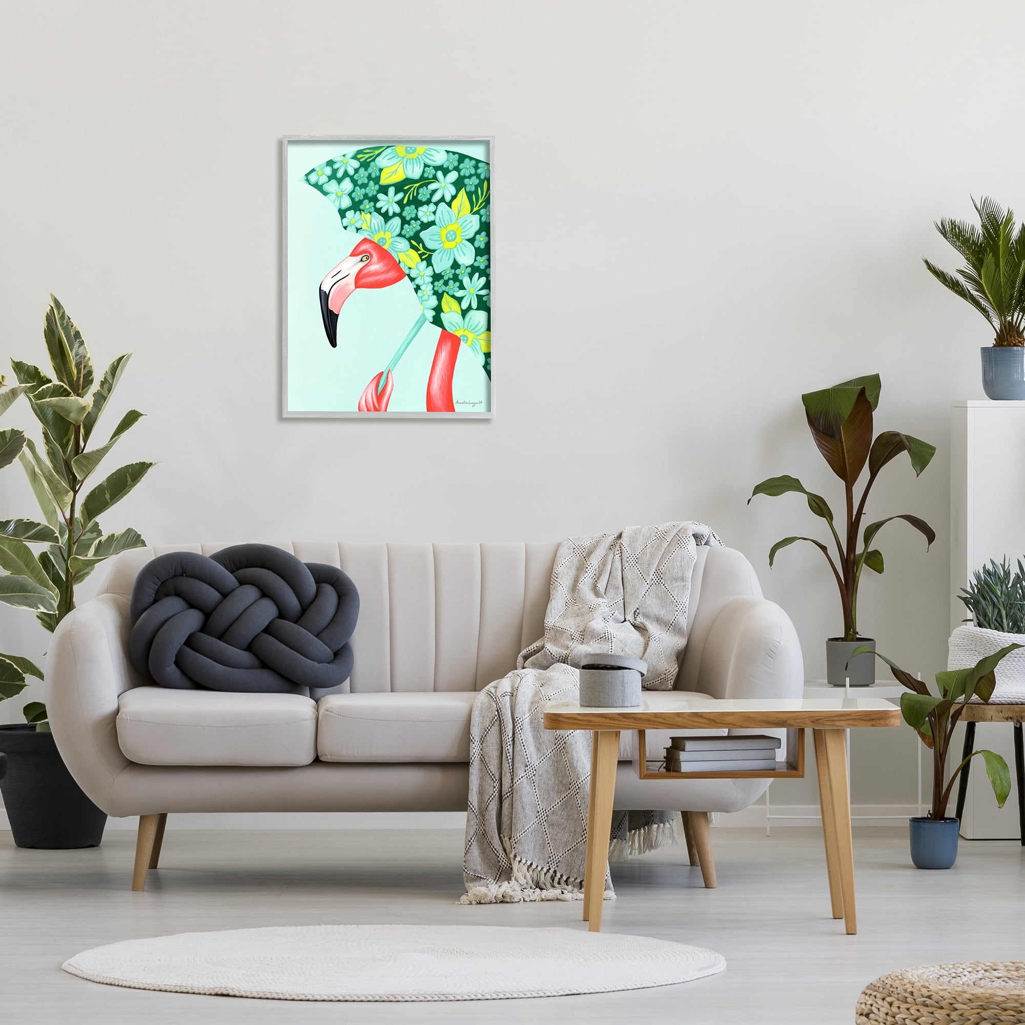 Stupell Industries Summery Pink Flamingo Floral Petal Patterned Umbrella Graphic Art Gray Framed Art Print Wall Art, Design by Amelie Legault