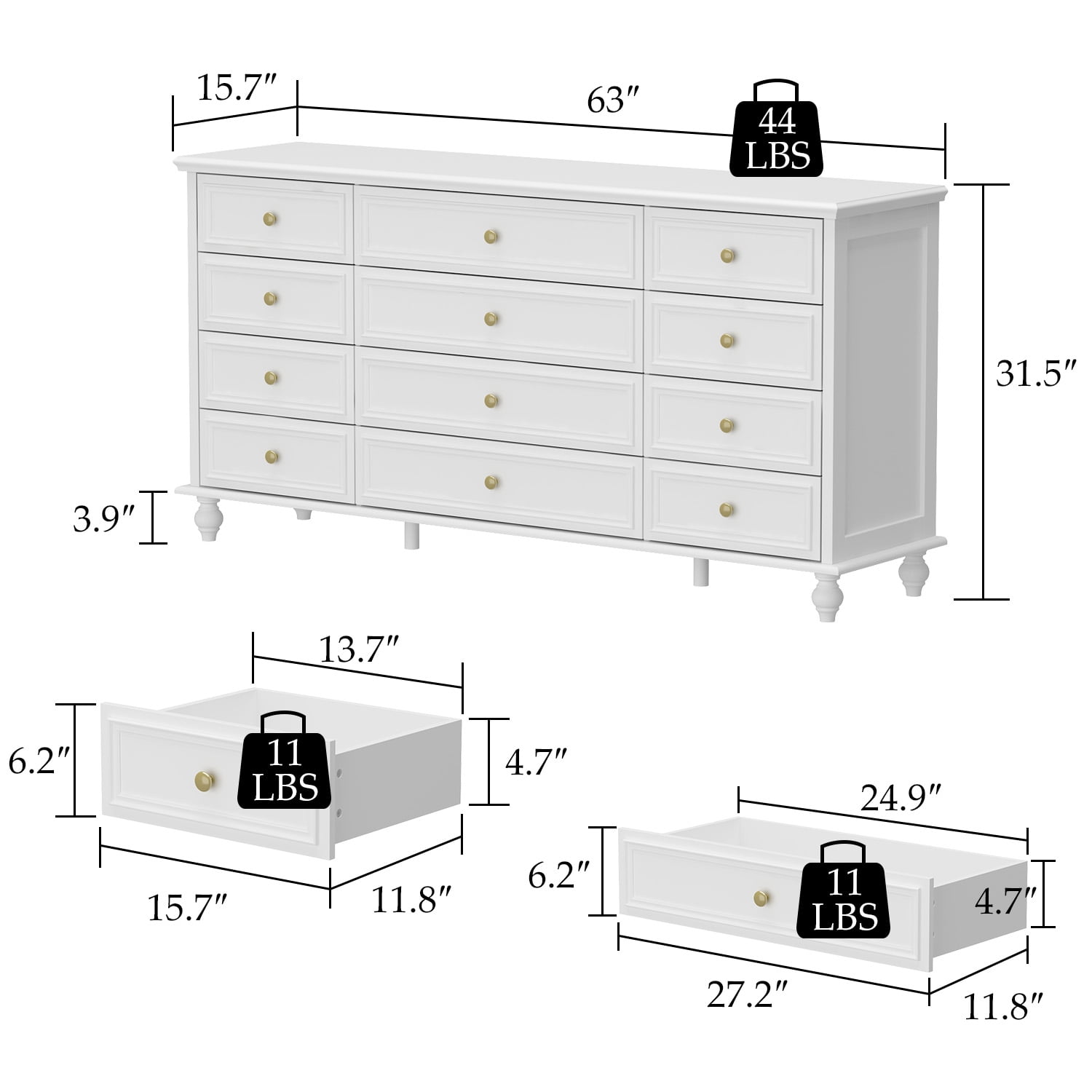 MONSLIPA 12 Drawer Dresser, Wooden Chest of Drawer for Living Room Bedroom , White