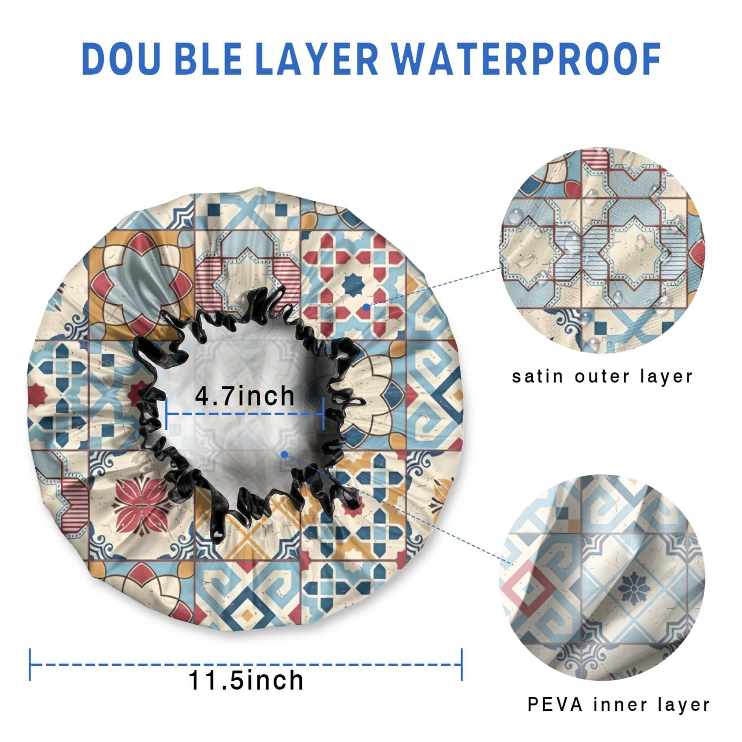 Shower Caps,Multicolor Ethnic Geometric Patchwork Pattern Waterproof Shower Cap for Women 4 Pieces,Double Reusable Hair Cover for Shower PEVA Elastic Stretch Hem