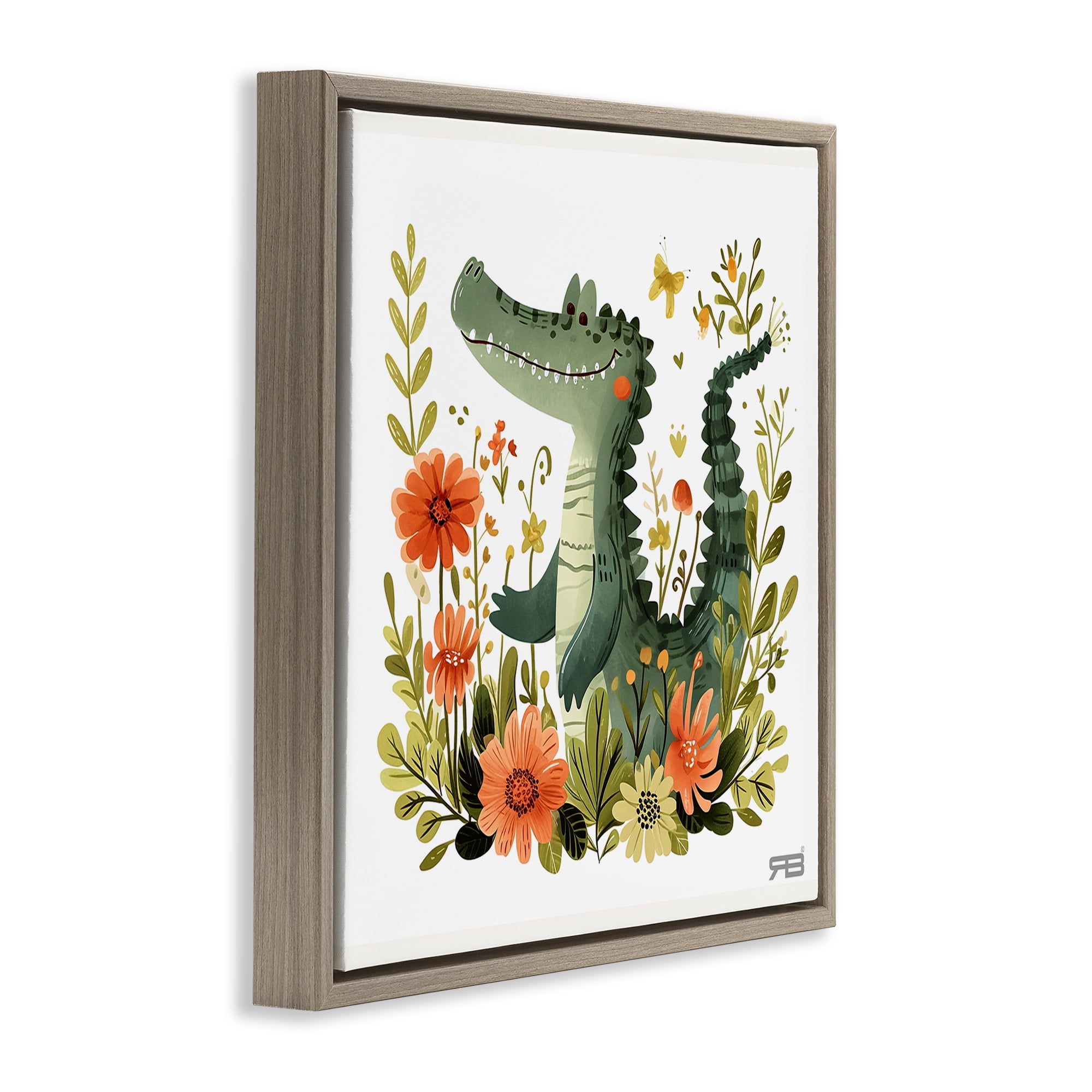 Stupell Industries Floral Happy Alligator Animals Painting Brown Floater Framed Canvas Art Print Wall Art, 25 x 25