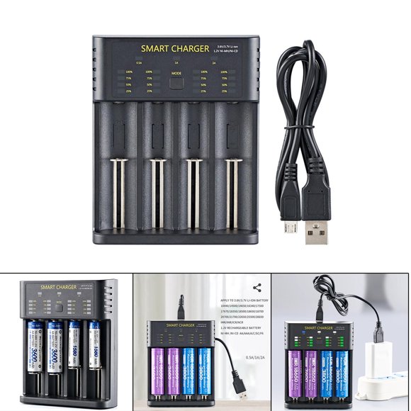 de baterías 18650 Cable USB negro de 4 ranuras Carga rápida inteligente 5V / 2A Estuche de carga de plástico para baterías de Yotijar Cargadores de baterías