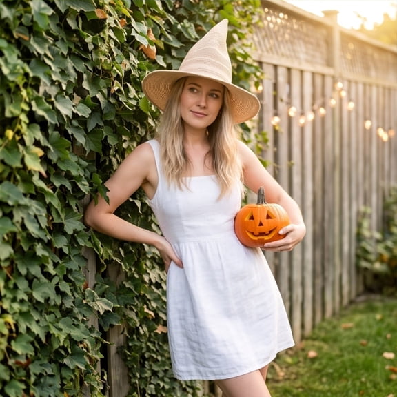 Halloween Knit Witch Hat for Women, Foldable Pointed Cap with Wide Brim & Soft Texture — Cosplay Accessory for Parties Beige One Size