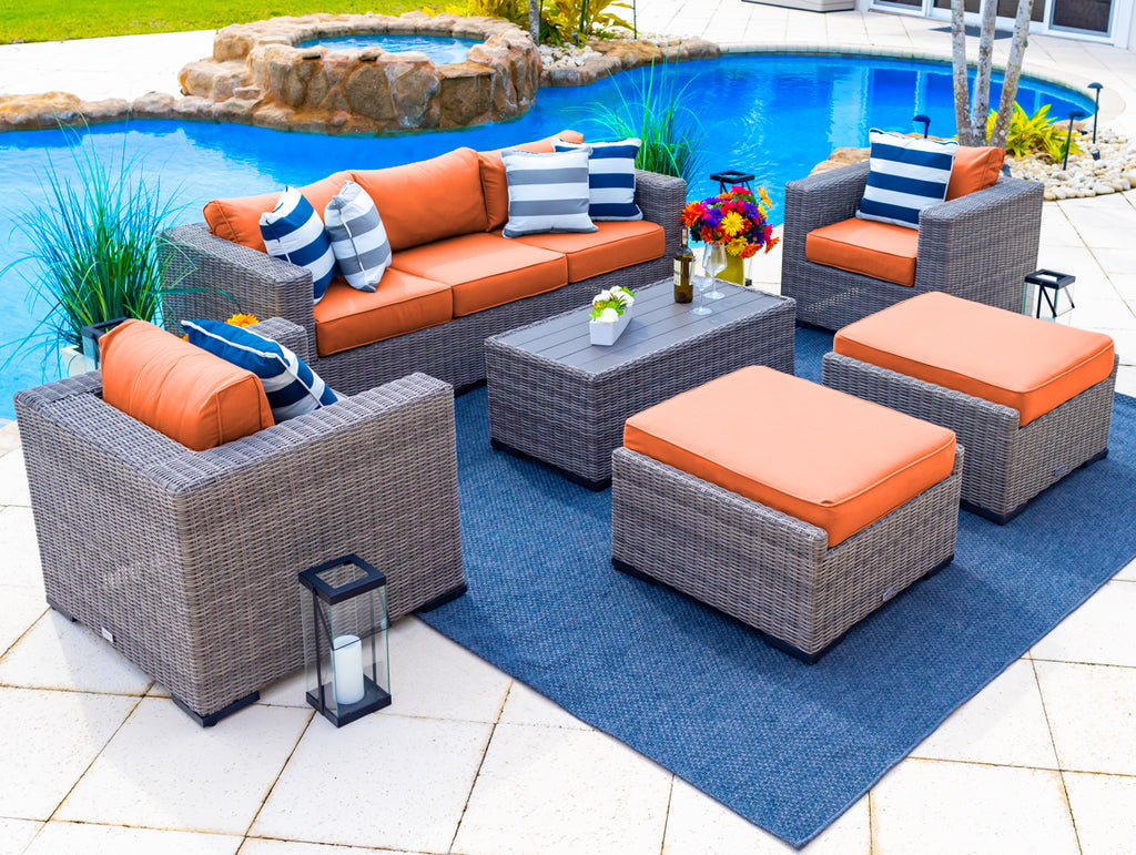 Tuscany 6-Piece L Resin Wicker Outdoor Patio Furniture Lounge Sofa Set with Three-seat Sofa, Two Armchairs, Two Ottomans, and Coffee Table (Half-Round Gray Wicker, Sunbrella Canvas Tuscan) - image 1 of 5