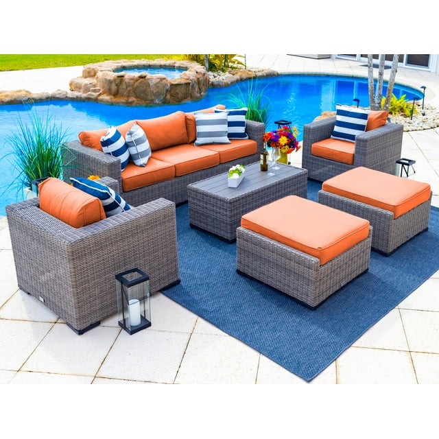 Tuscany 6-Piece L Resin Wicker Outdoor Patio Furniture Lounge Sofa Set with Three-seat Sofa, Two Armchairs, Two Ottomans, and Coffee Table (Half-Round Gray Wicker, Sunbrella Canvas Tuscan)
