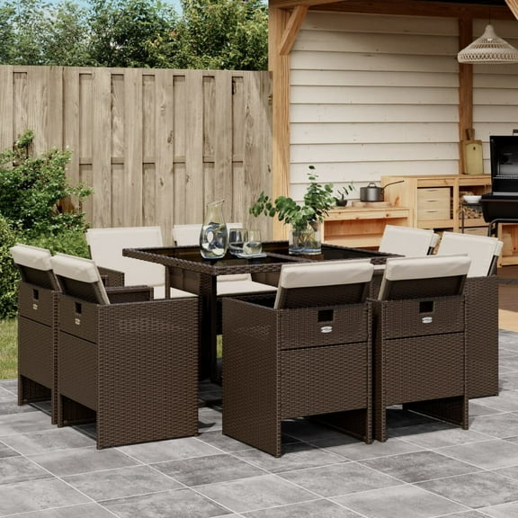 vidaXL 9 Piece Patio Dining Set with Cushions Brown Poly Rattan