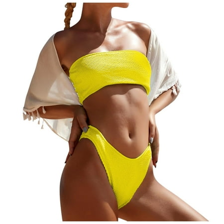 WELOIJEVBE Bandeau Bikini Sets For Women Thong Strapless Swimsuits Tops Thong Bottoms Women s Swimwear Bathing-Suits 2-Piece Swim-Suits 2025 Swimwear Thongs Beachwear Vacation Bikinis