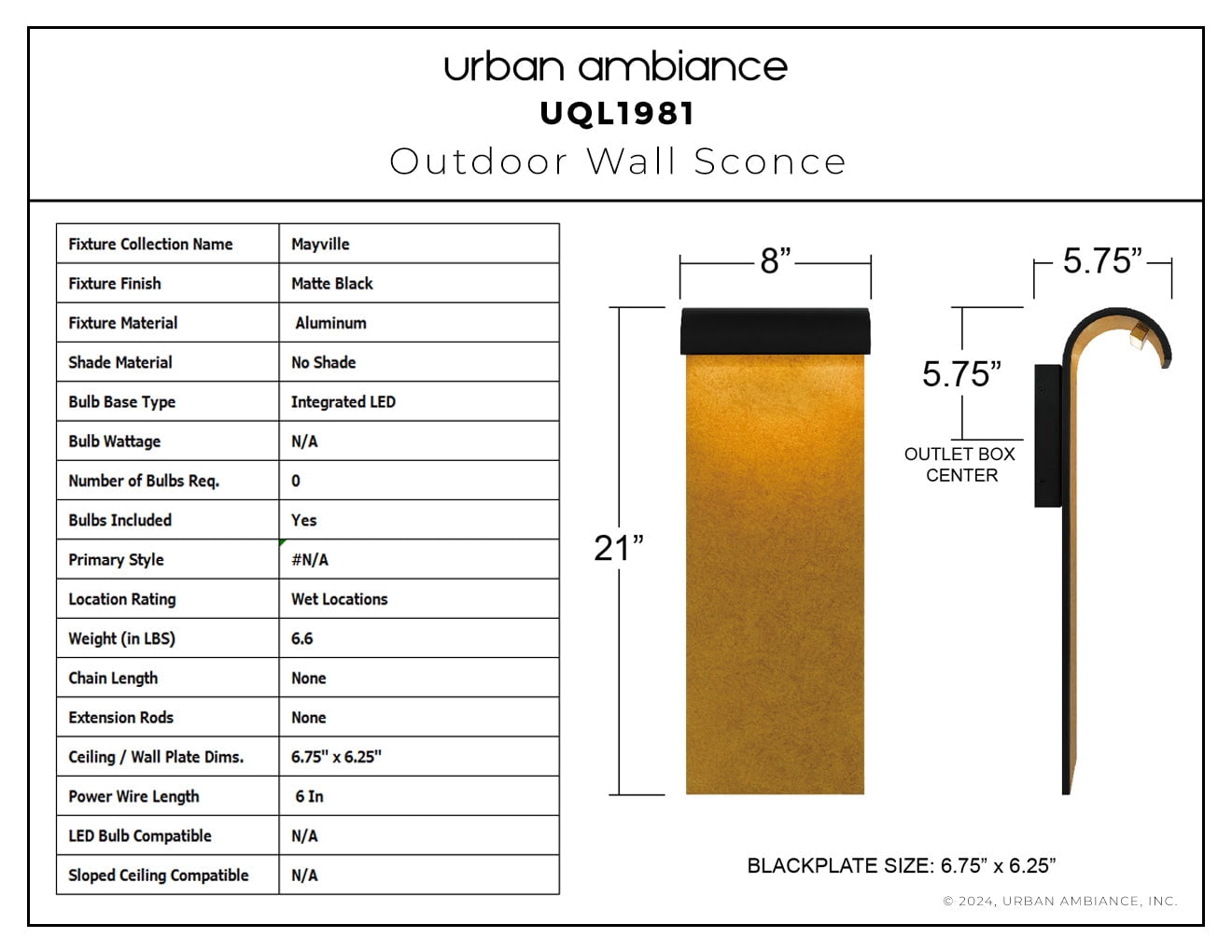 Luxury Contemporary Wall Sconce, Small Size: 21''H x 8''W, with Eclectic Style Elements, Matte Black Finish, UQL1981 from the Mayville Collection by Urban Ambiance