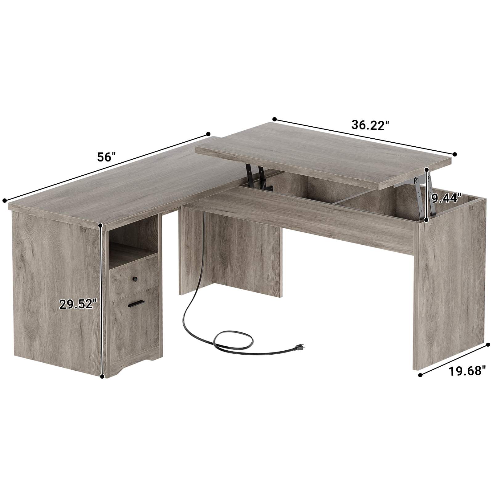 Homieasy L Shaped Desk with Power Outlets and USB Charging Ports, Lift Top Corner Computer Desk with Drawer, Large Office Desk with Storage Shelves, L Shaped Standing Desk for Home Office, Wash Gray