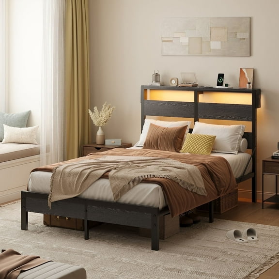 Bestier Full Size Platform Bed Frame with Storage Headboard, LED Lights & USB Charging Station, Metal Bed Frame Black