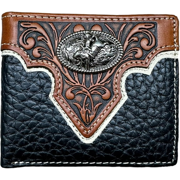 Western Stakes Mens Wallet Floral Tooled Rodeo Bull Rider Concho Embossed Cowboy Western Leather Wallet High End Leather Mens Wallets Leather Rodeo Gifts For Men (Brown)