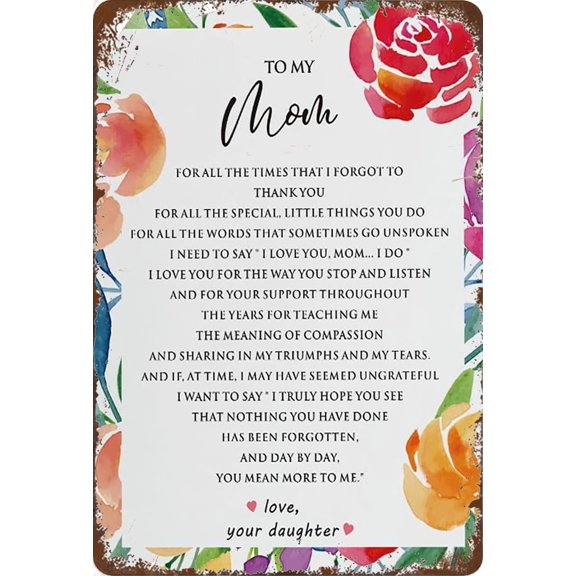 Tin Sign 5.5x8 Inch Floral Mother Sign Gifts From Daughter, Rustic To My Mom I Love You Tin Sign Signs For Mother's Day Birthday Tin Sign Plaque Hanging Sign Home Decor