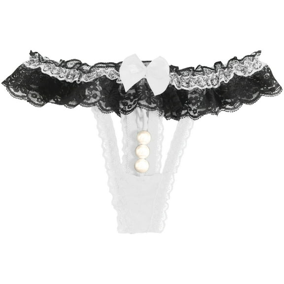 Women Thongs White Lace Panties with Pearls Ball Crotchless Panties One Size