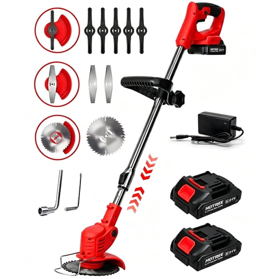 HOTREE 21V Cordless Weed Eater & String Trimmer, 3-in-1 Lightweight Brush Cutter with 2 Batteries (2.0Ah), Red