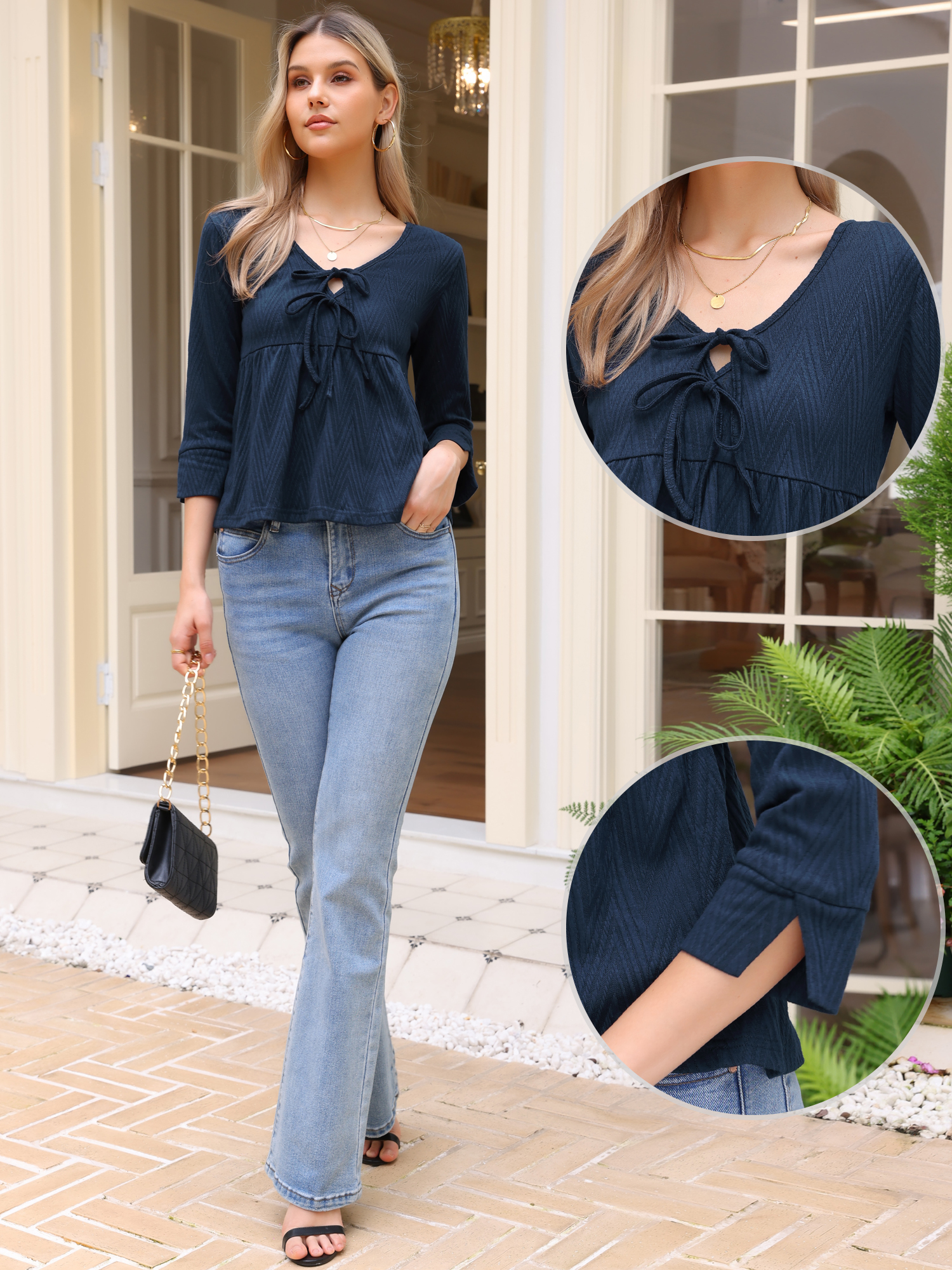 DARING DIVA Women's Tie Front 3/4 Sleeve Peplum Blouse XS Dark Blue
