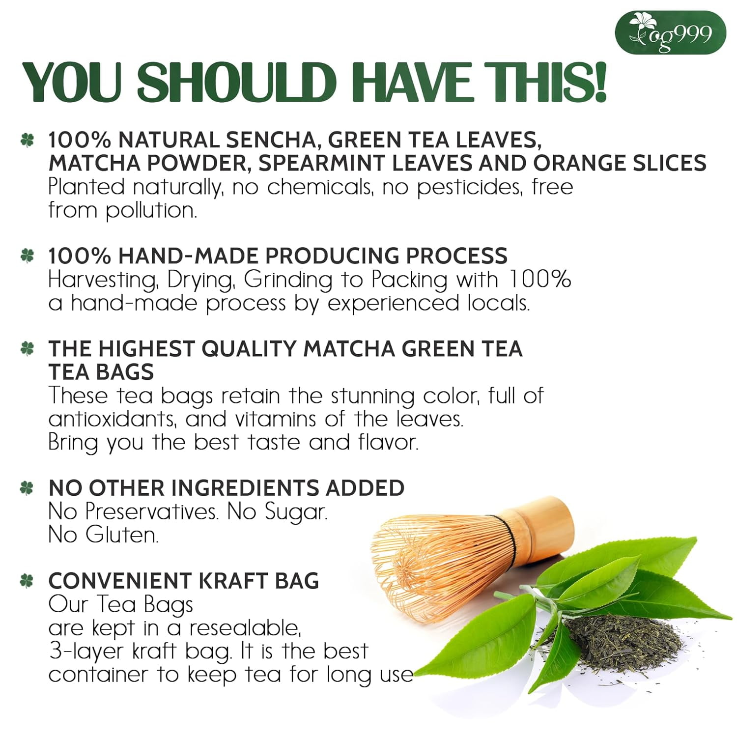 TOG999, Premium Matcha Green Tea Bags | 120 Count | Blend of Sencha, Green Tea, Spearmint & Orange Slices – Refreshing Flavor, Naturally Vibrant, No Gluten. Vegan.
